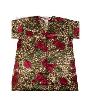 Winlar Satin Caftan Brown Rose Print Red Roses Womens Size M.  F36